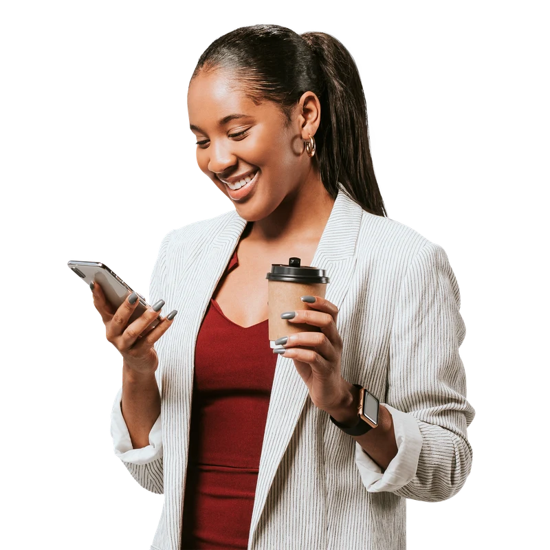 Woman holding a phone and takeaway coffee